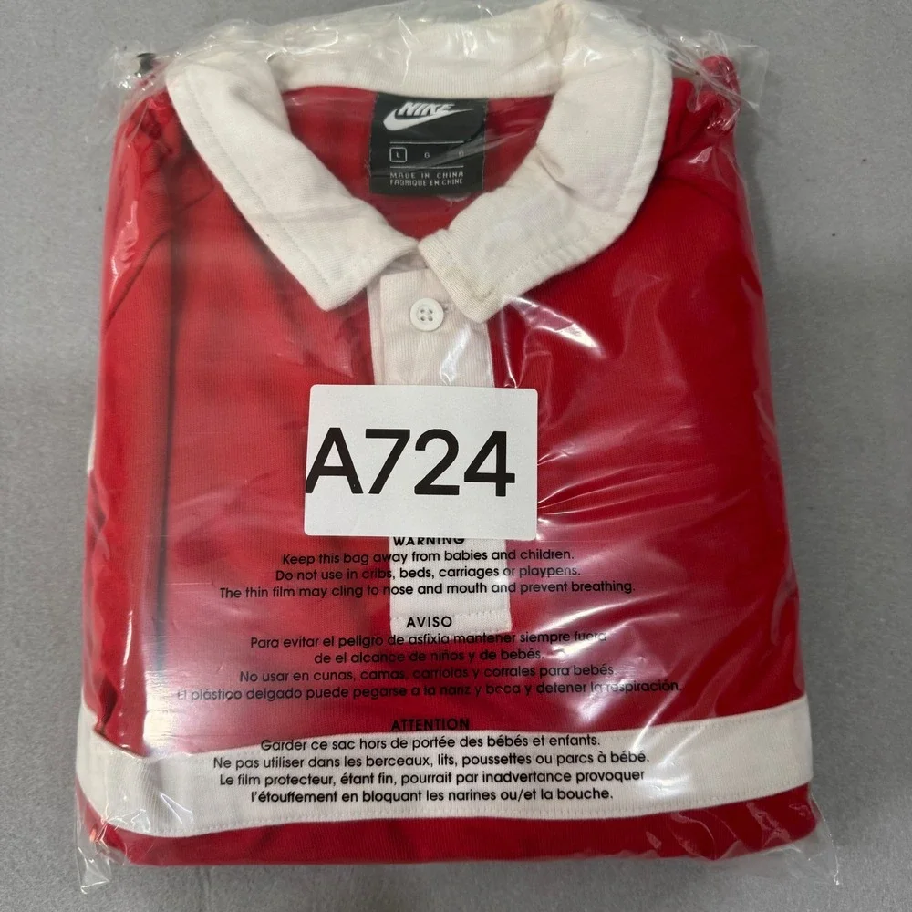 Nike Rugby Shirt Mens Large Red‎ White Striped Swoosh Embroidered Long Sleeve